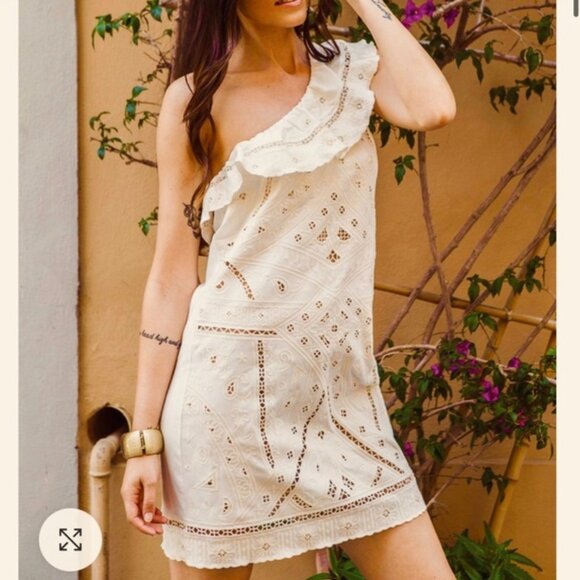Pho Firenze Dresses & Skirts - Pho Firenze One Shoulder Shift Mini Dress Small S Cream Knit Embroidered Eyelet